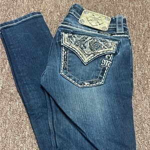 Miss Me Blue Skinny Jeans with Ornate Crystal Design